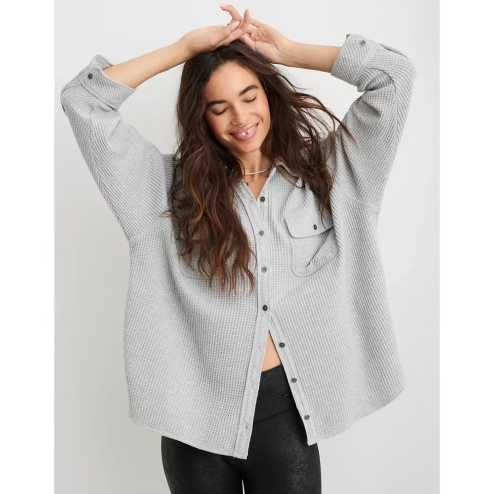 Aerie Lumber Jane Waffle Oversized Cabin Lounge Thermal Shacket Shirt Women L
